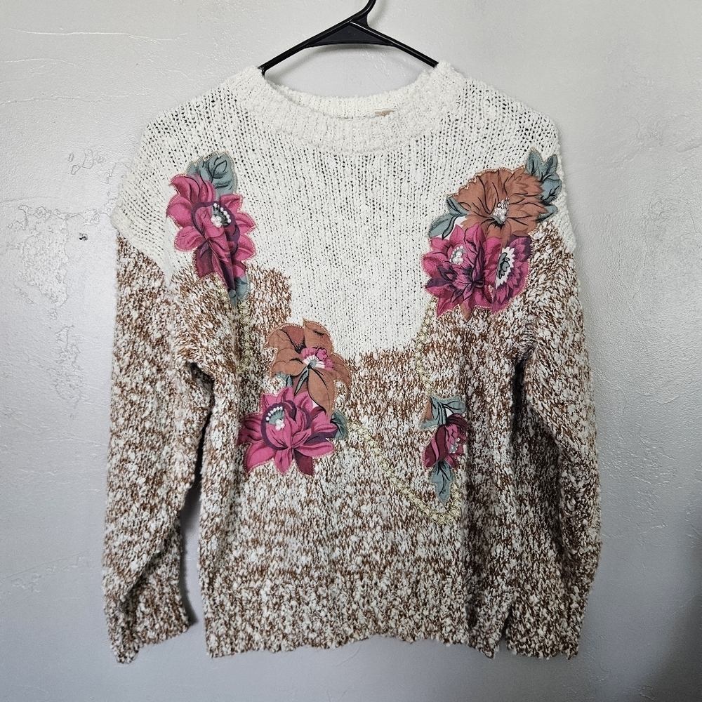 Needles & Yarn Vintage Women's Medium Floral Knit Sweater Beige White Pink Pearl